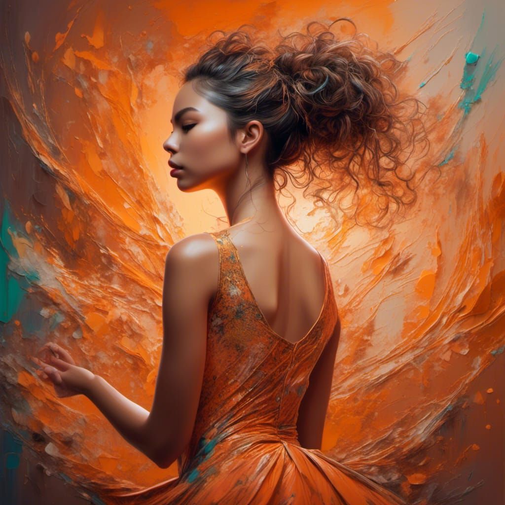 Ballerina in Orange Dress with Gold Embroidery