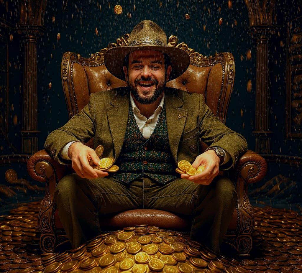 Person Surrounded by Gold Coins and Treasure