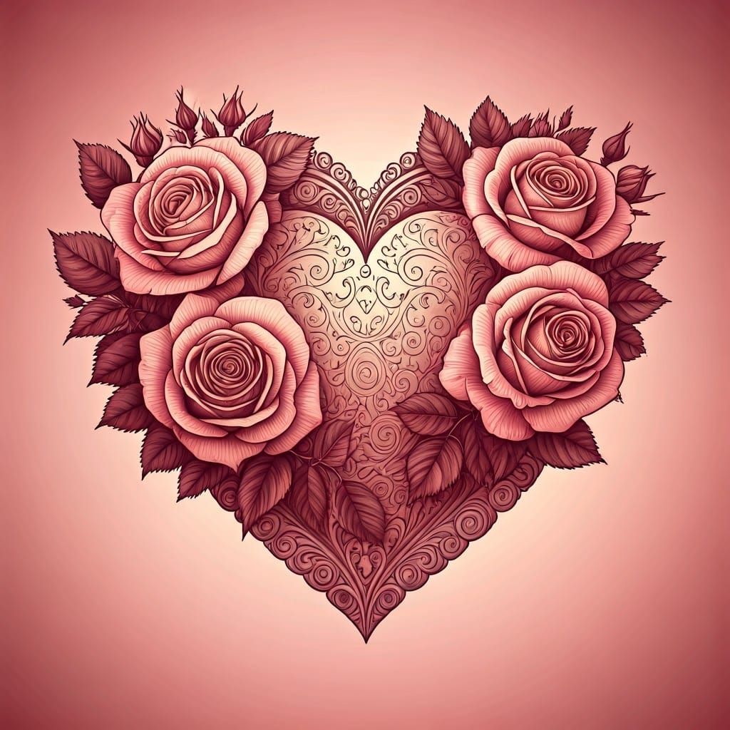 Elegant Art Nouveau Heart Illustration in Blush Pink with Ro...