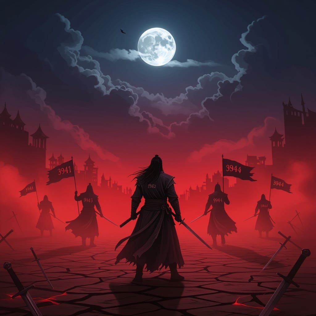 Dark Fantasy Battlefield Scene in Red Fog