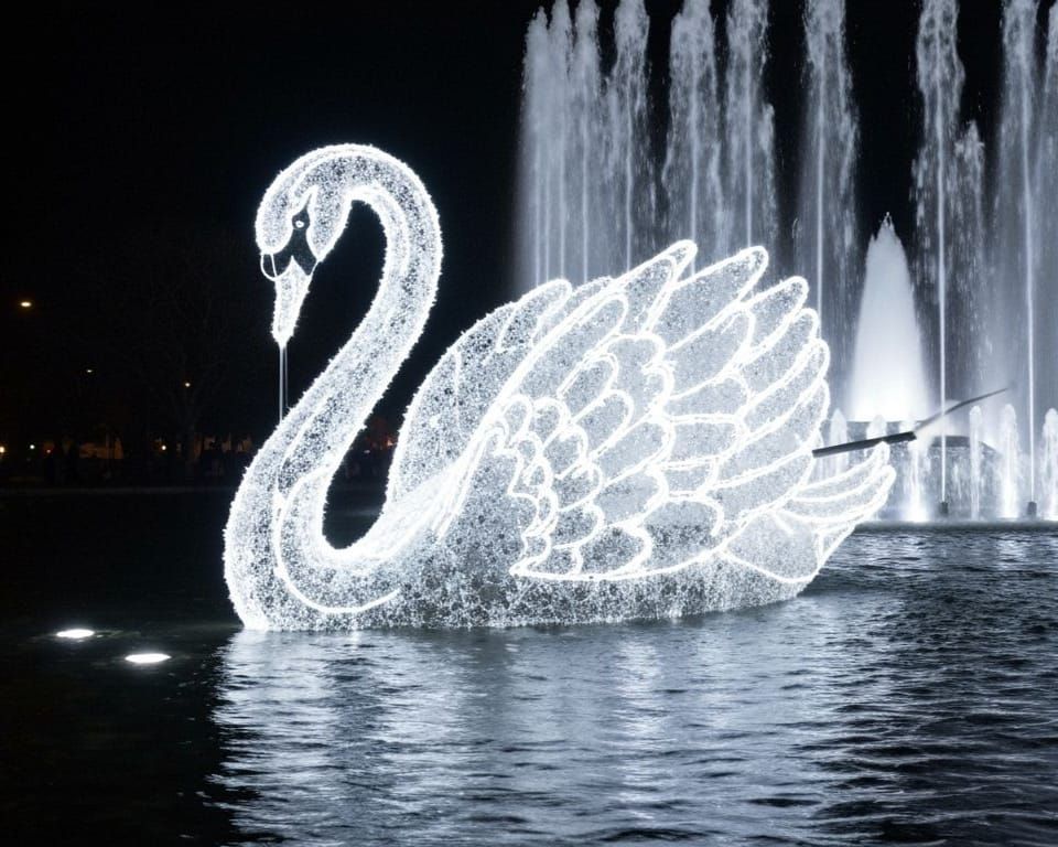 Surreal Water Swan Sculpture Illuminated at Night
