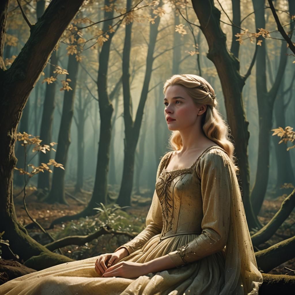 Princess Aurora Awakens in Moonlit Forest: Cinematic Still