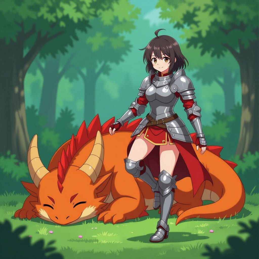 Anime Woman in Armor Near Sleeping Dragon