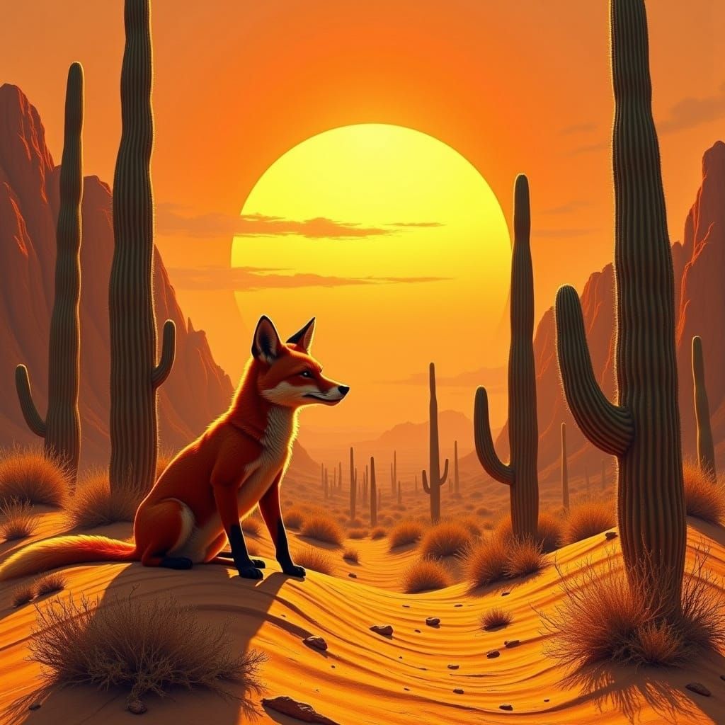 Vibrant Desert Sunset with Cactus and Desert Fox in a Futuri...
