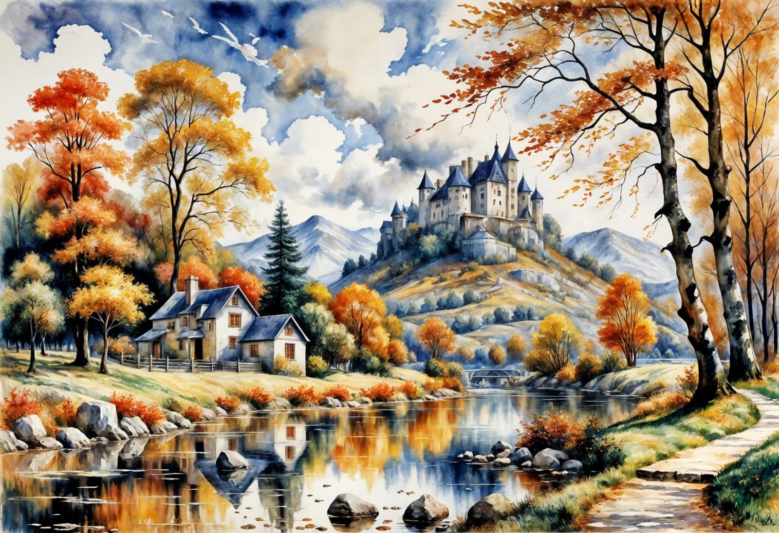 Autumn Landscape Cottage in Watercolor Style