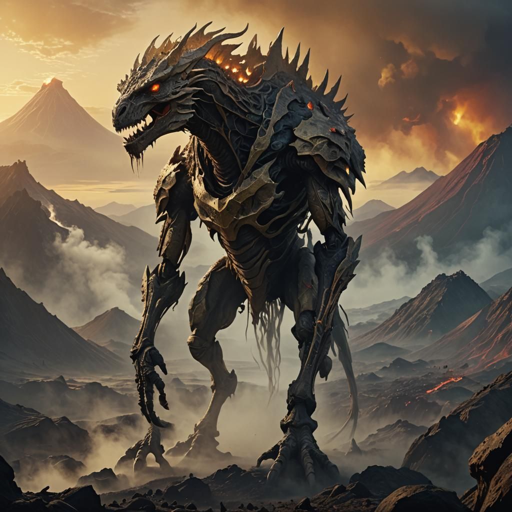Epic Creature in Volcanic Landscape