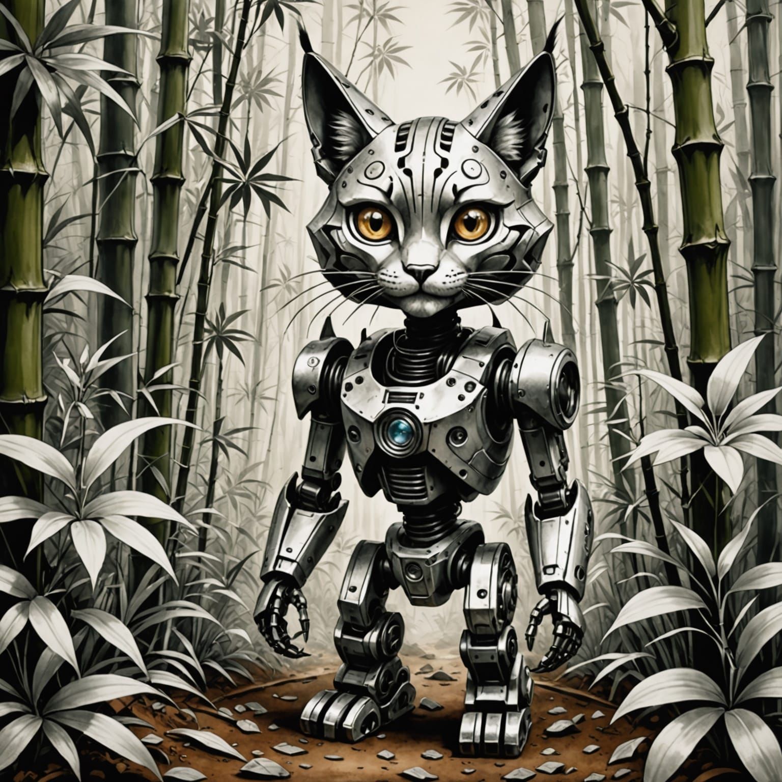 Cybernetic Lynx Robot in Ansel Adams-Inspired Bamboo Forest