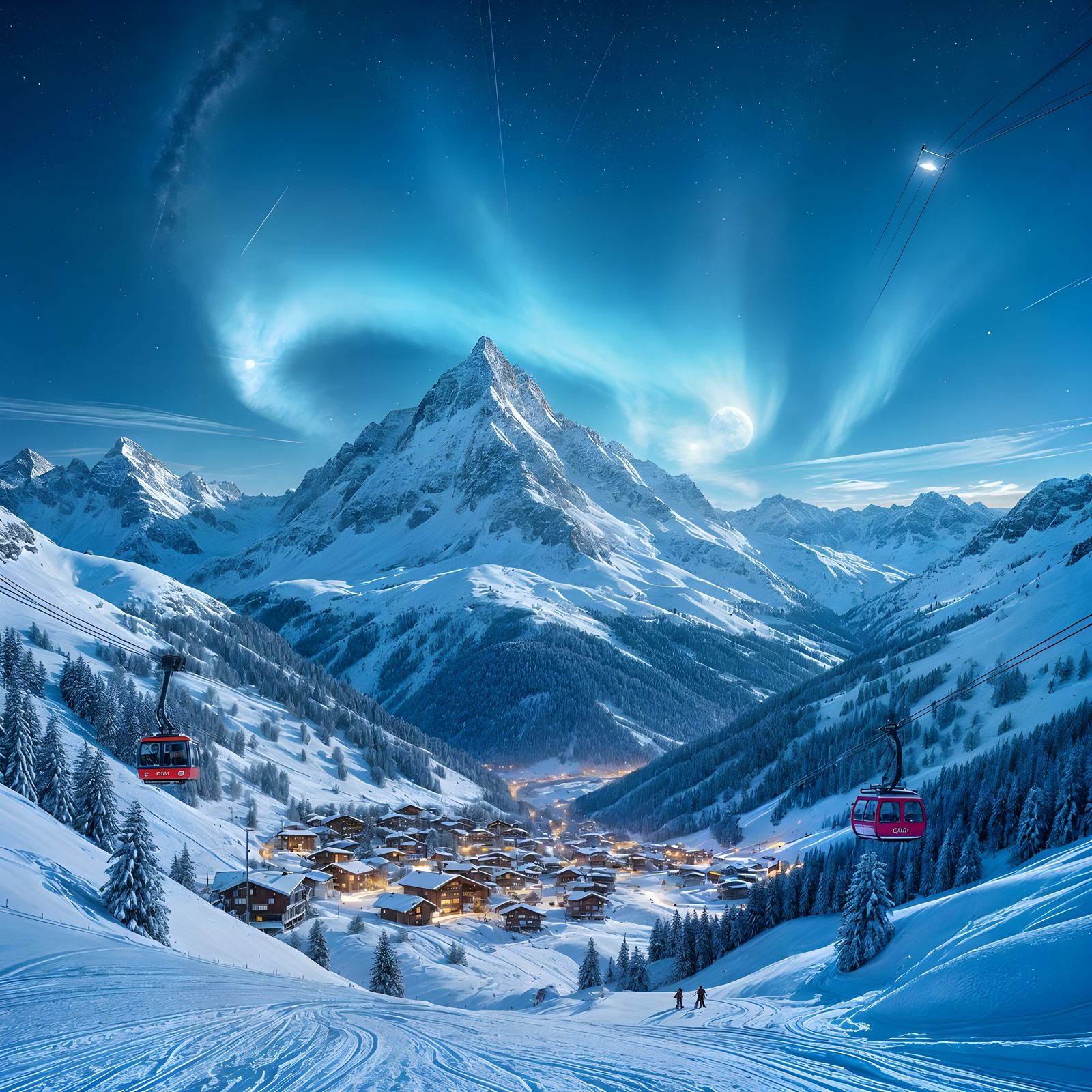 Swiss Alps Cable Cars and Skiers Under Aurora Borealis