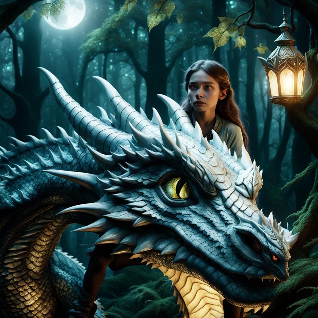 Girl Rides Dragon in Enchanted Forest at Night