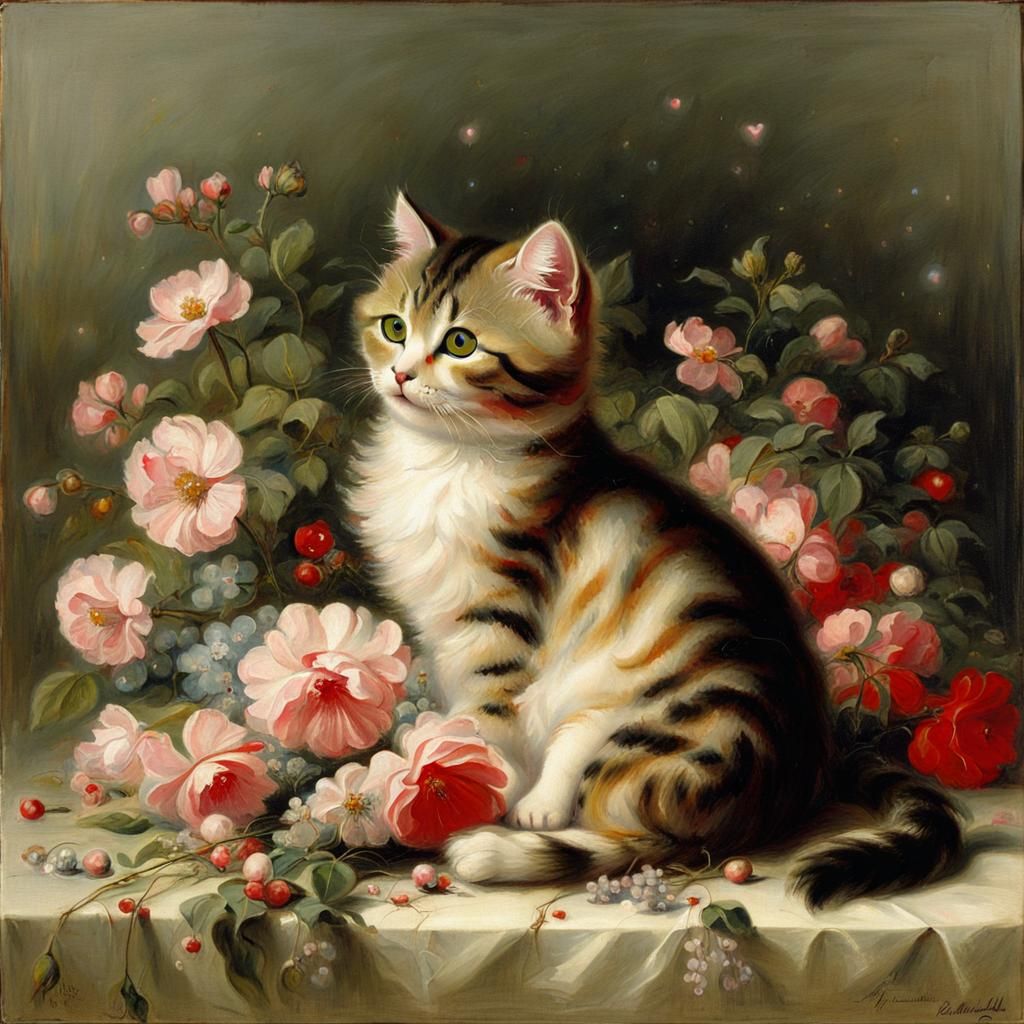 Cute Cat Surrounded by Flowers in Art Nouveau Style