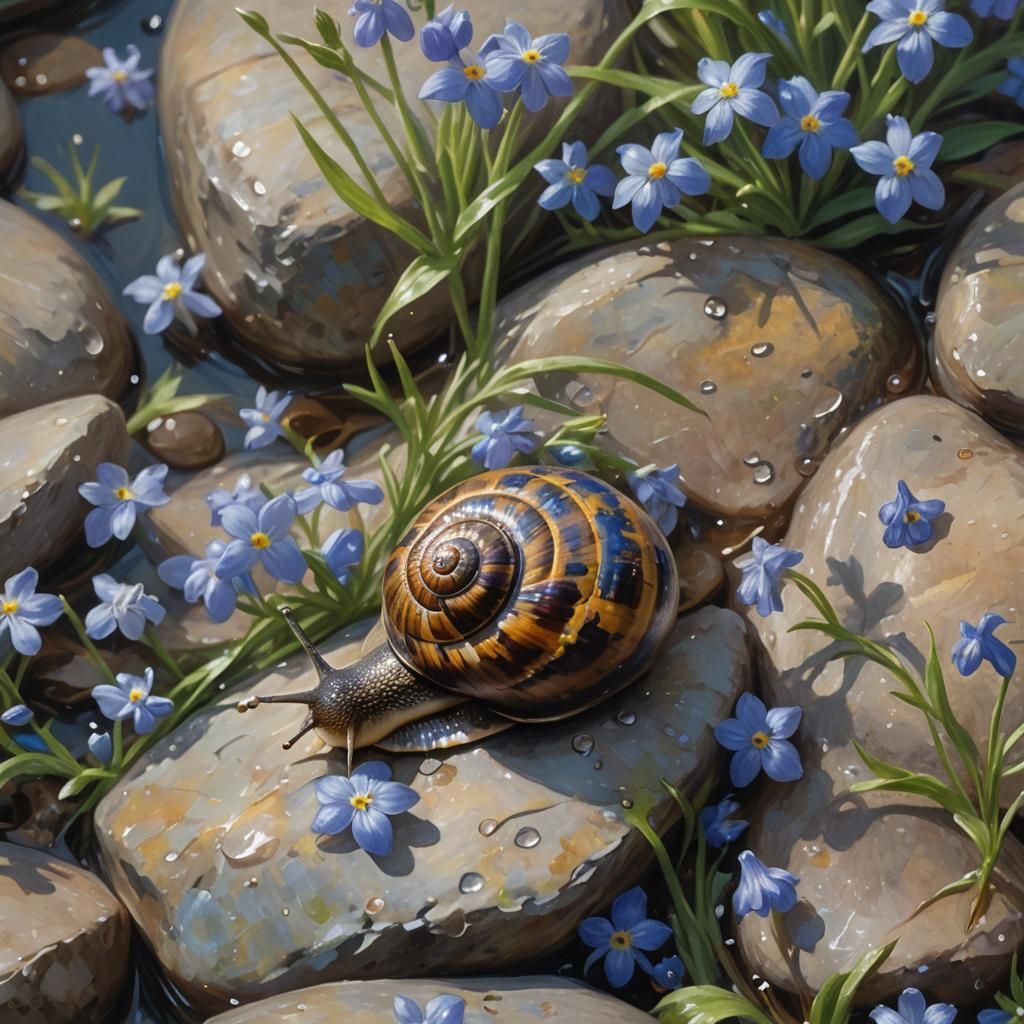 Snail on Rock Among Bluebells, Impressionistic Macro Shot