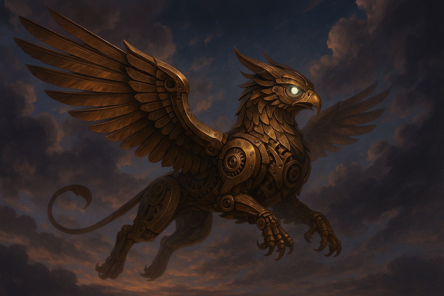 Clockwork Griffon Soaring in Twilight Sky