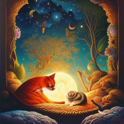 Surreal Sun and Moon Bed with Sleeping Woman