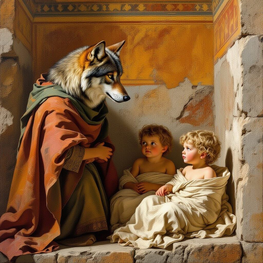 Compassionate Wolf Mother in Roman Fresco Style