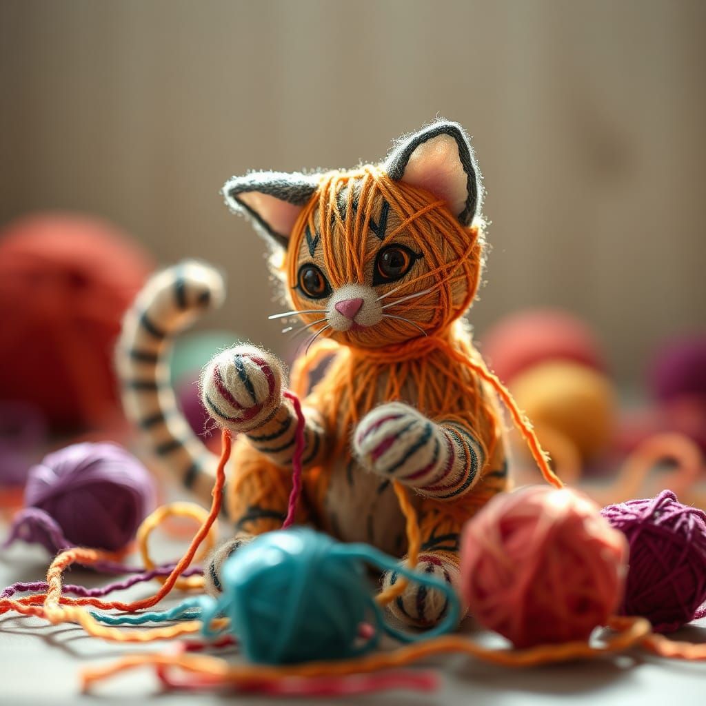 Cute String Cat Playing with Yarn Balls, Light-Focused Compo...