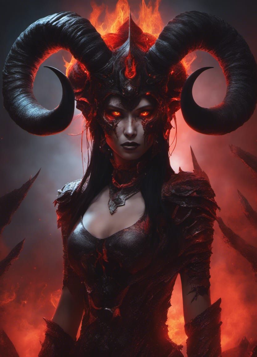 Cybernetic Demon Woman with Ram Horns and Burning Skin