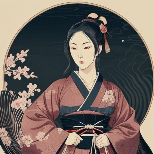 Samurai Woman in Traditional Japanese Woodblock Print Style