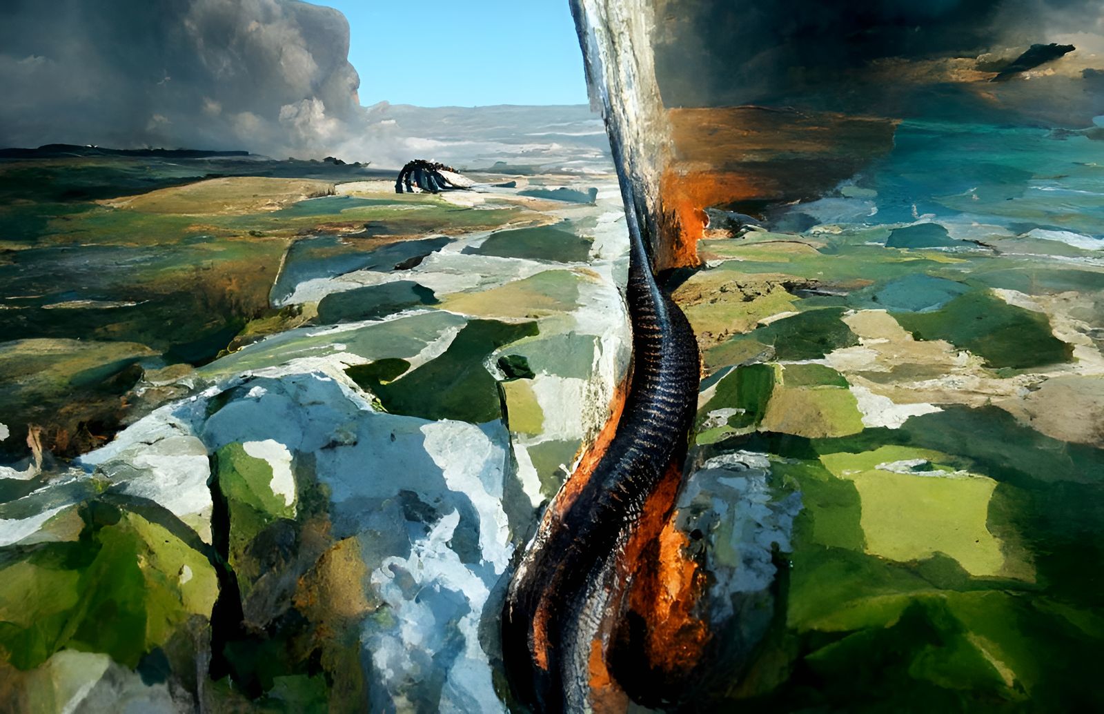 Giant Lava Snake Emerges in Sci-Fi Landscape