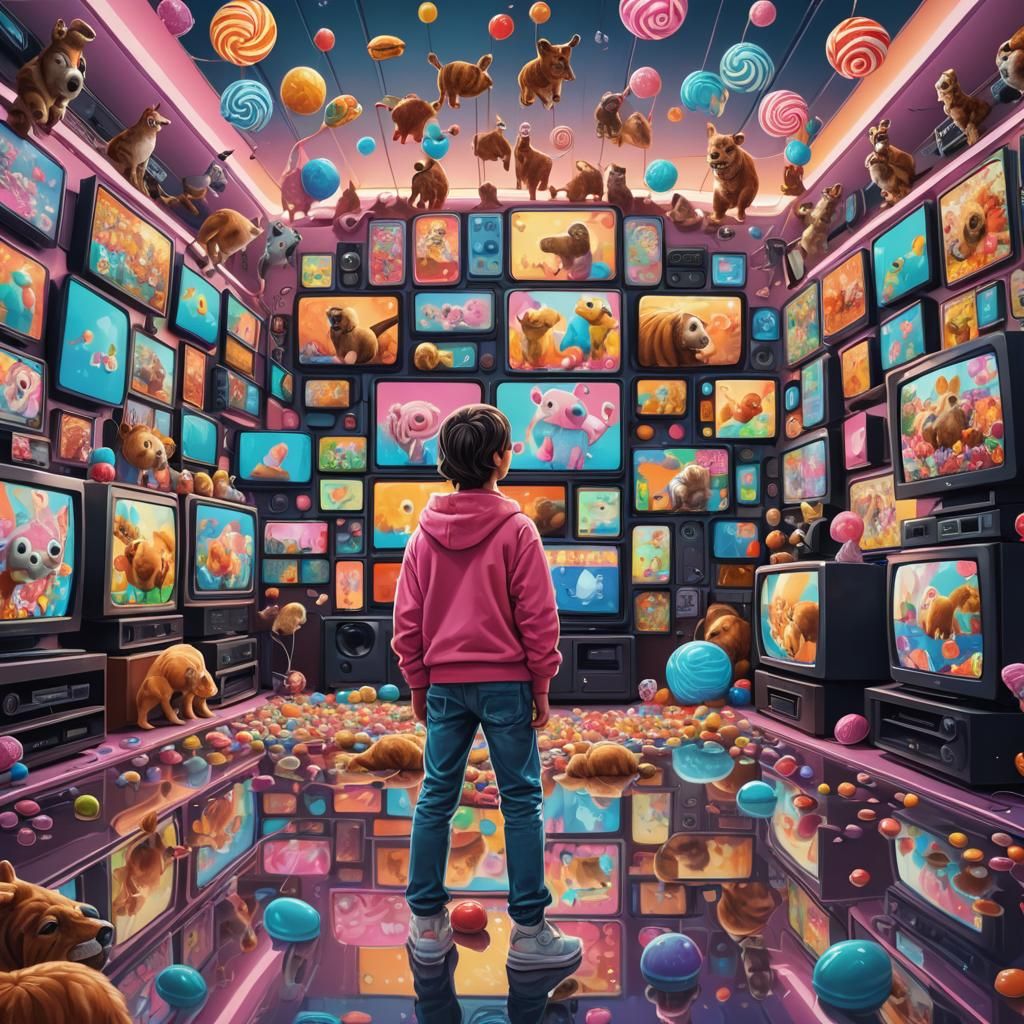 Person Surrounded by Animal TVs in Candy Art