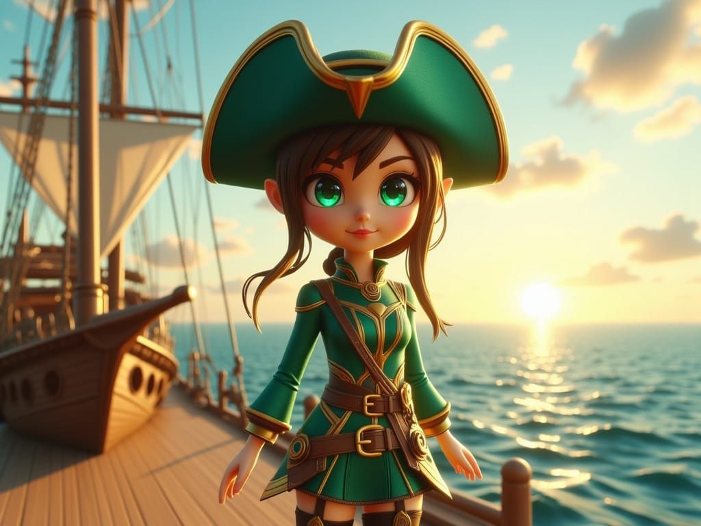 Anime Modern female Chibi Pirate, green and gold. On Pirate ...