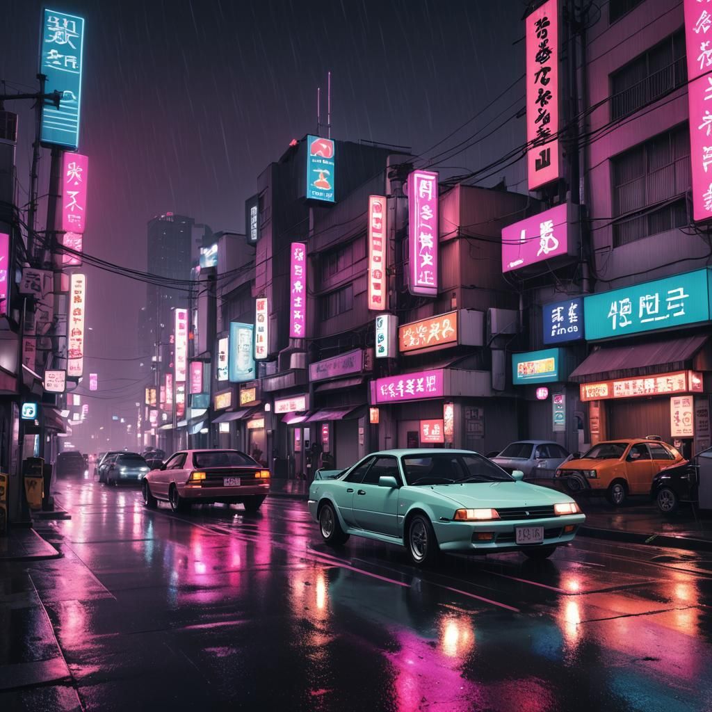 Synthwave Tokyo Street Scene at Night