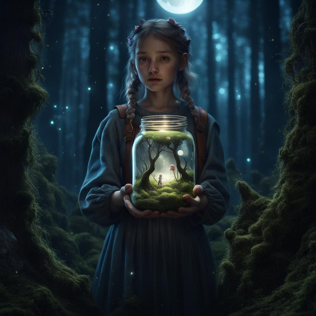 Girl Holds Moon in Jar: Fantasy Concept Art