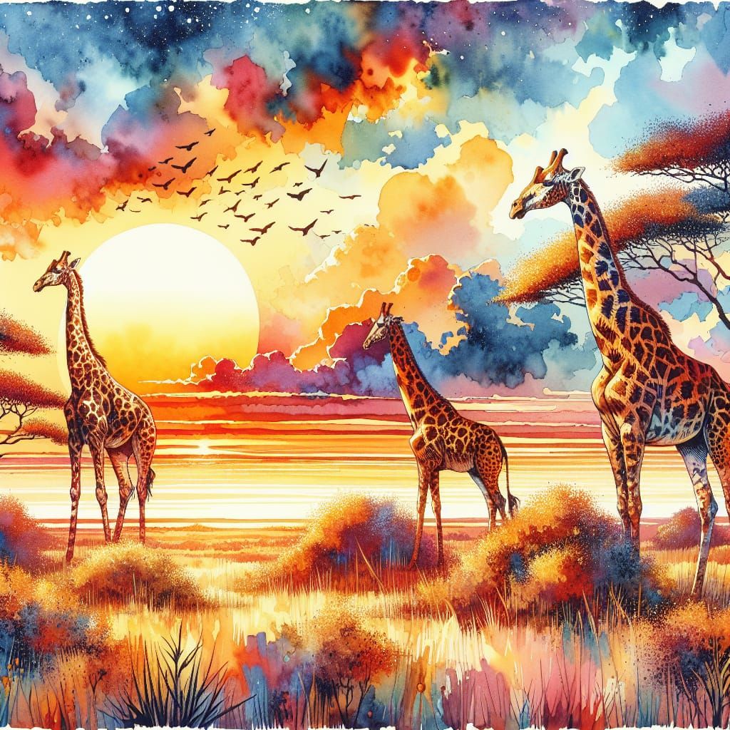 Serengeti Sunset: Giraffes in Pre-1912 Watercolor Style
