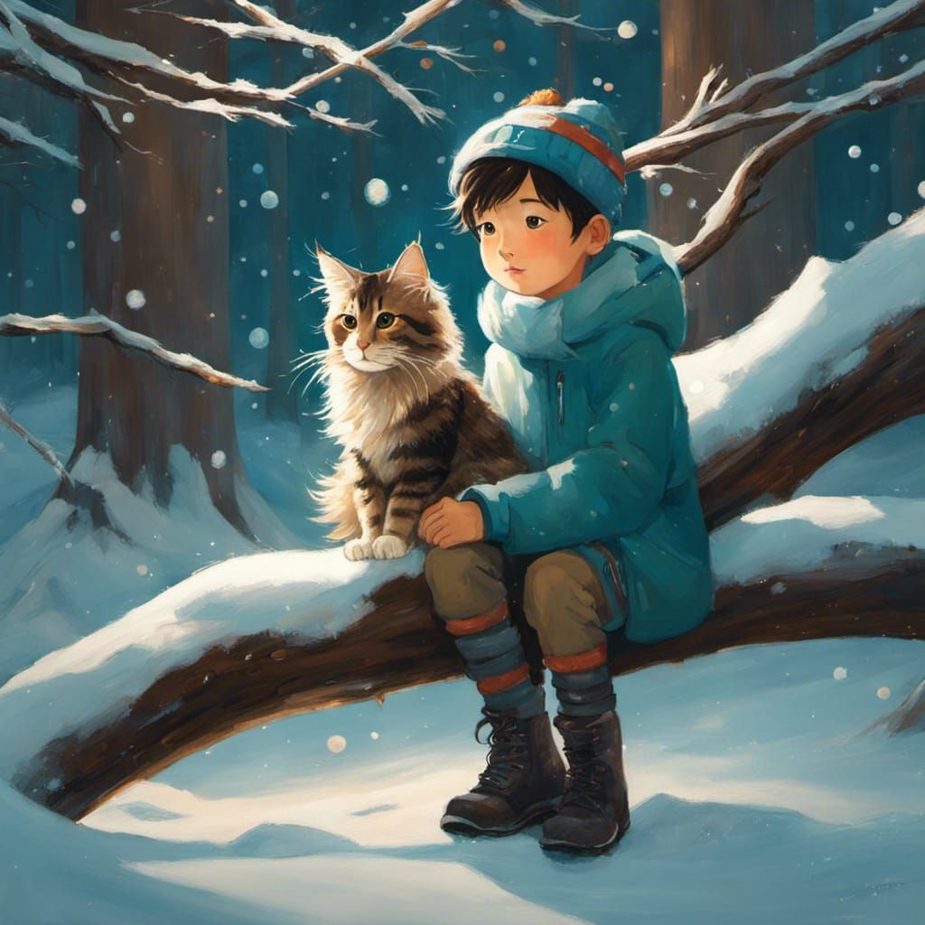 Boy and Maine Coon in Winter Forest Illustration