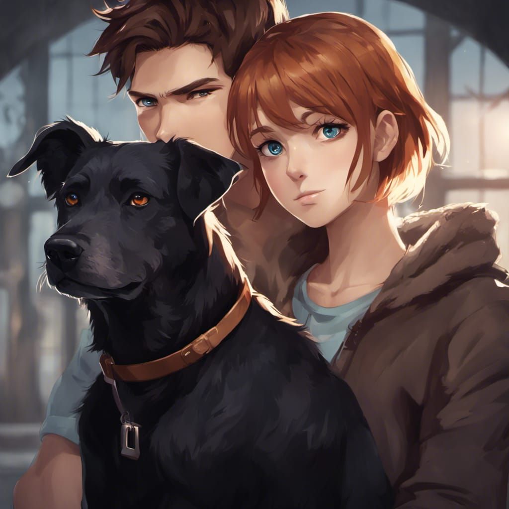Anime Couple with Dog Portrait in Digital Art Style