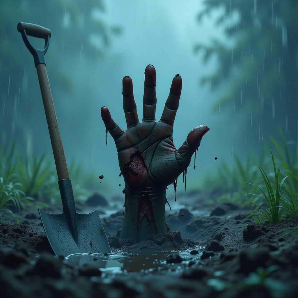 Zombie Hand Emerges During Storm, Hyper-Realism
