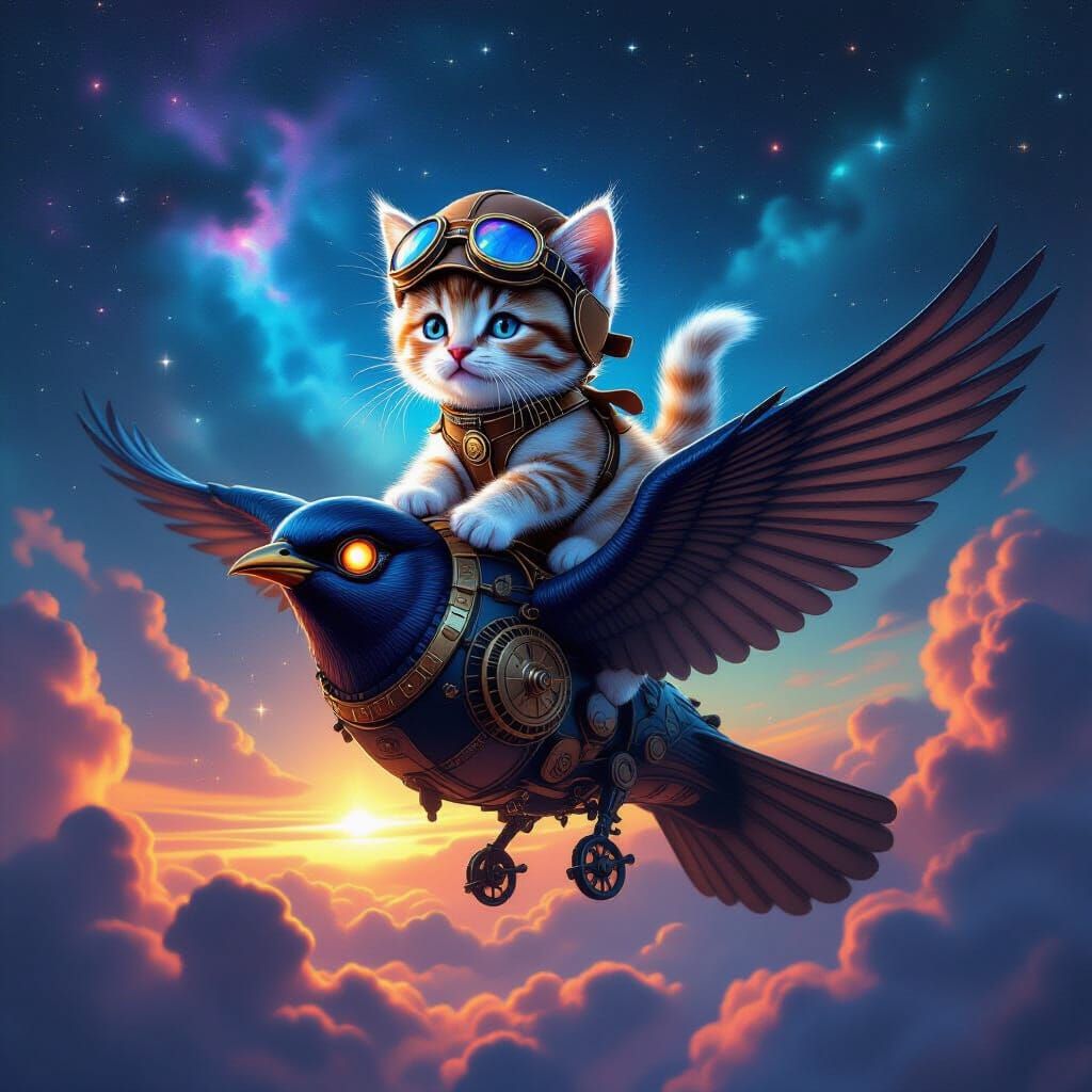 Bioluminescent Kitten Rides Steampunk Bird Through Nebula Sk...