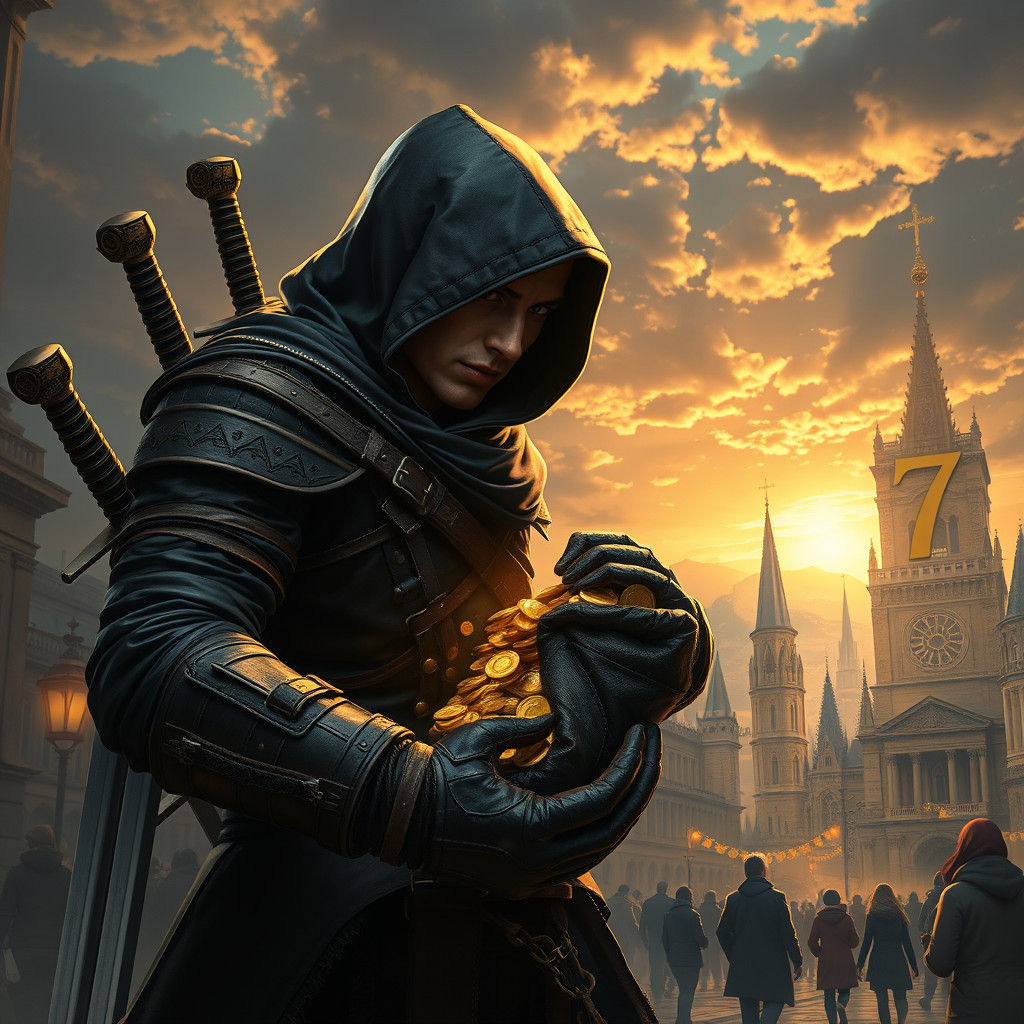Hooded Thief Stealing Gold Coins in Hyperrealistic Style