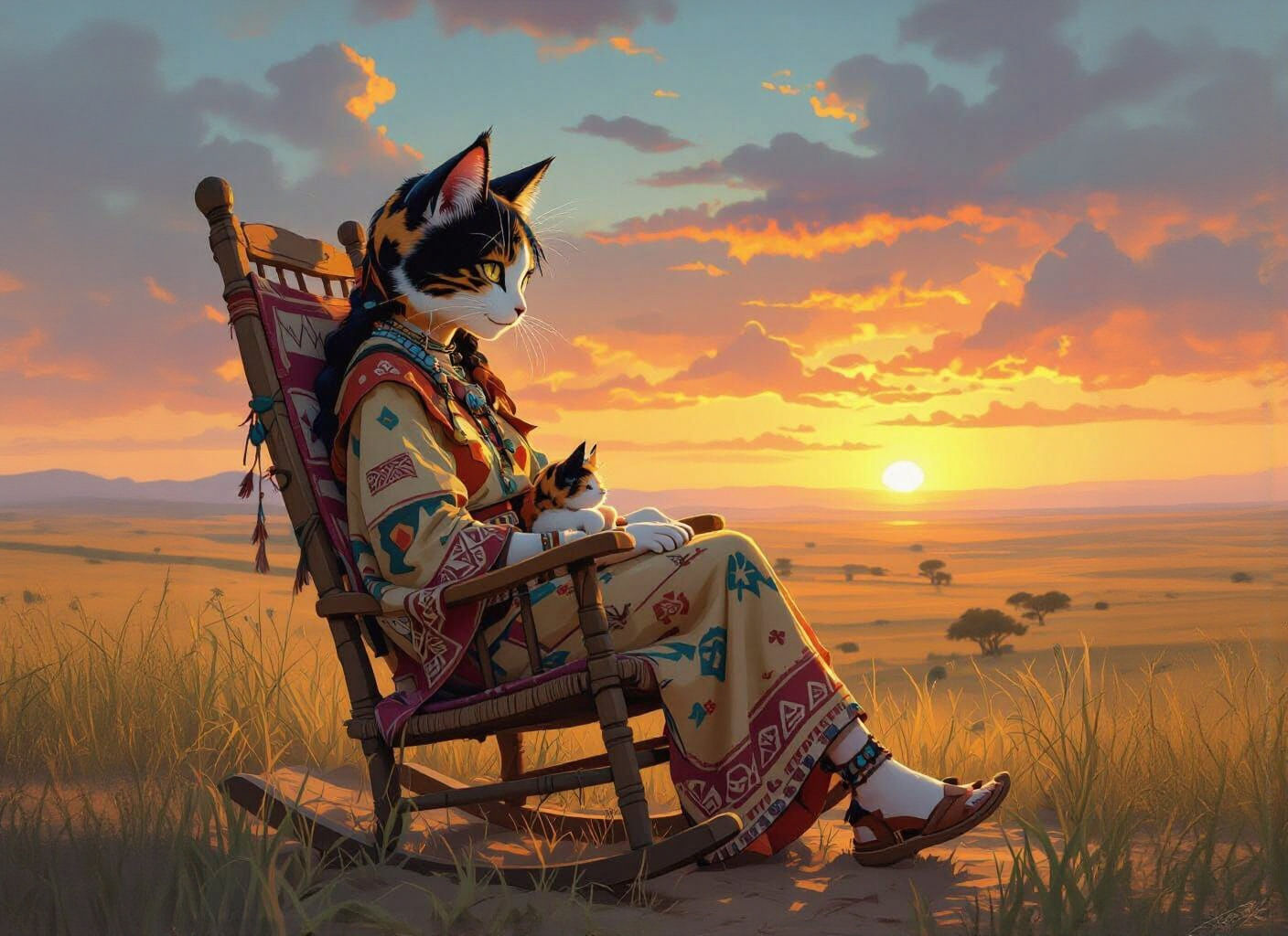 Catgirl Watching Sunset over Savannah