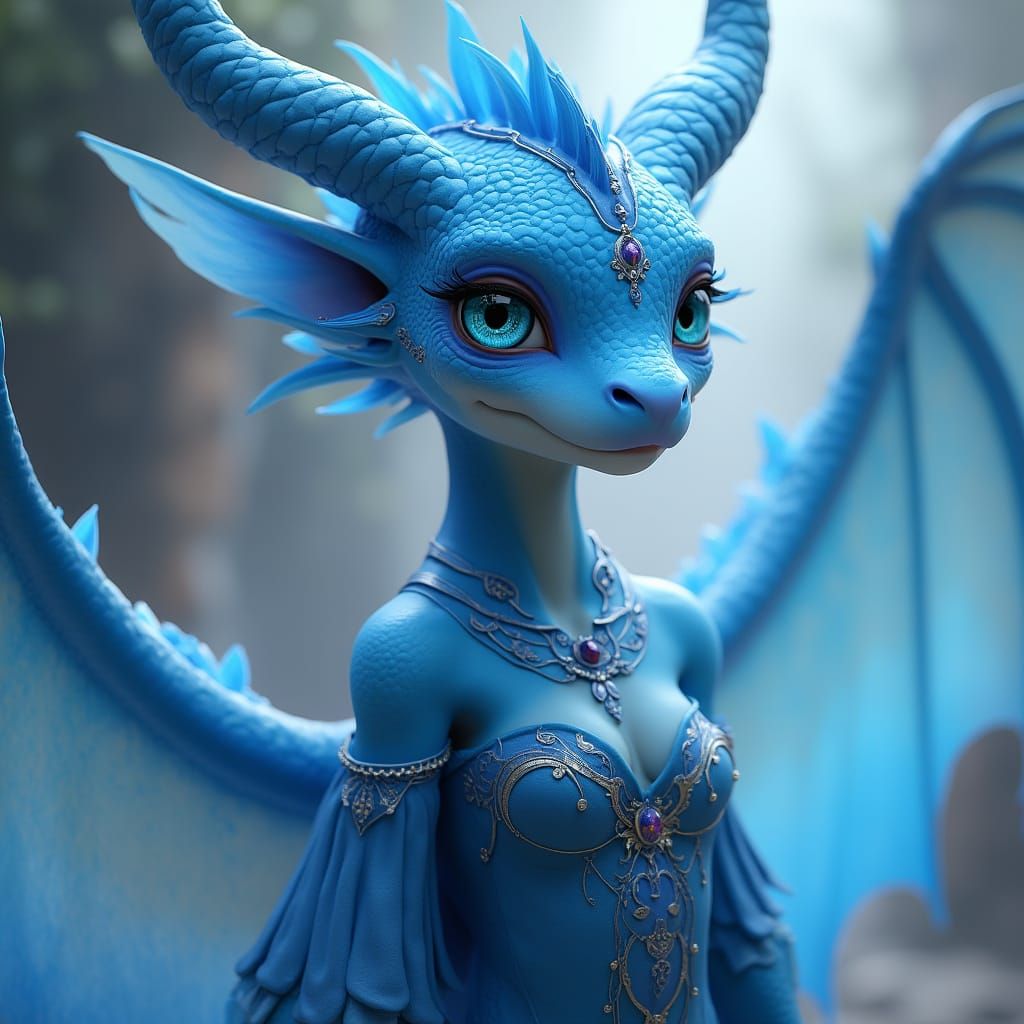 Majestic Blue Dragon Hybrid Goddess in Ethereal Splendor