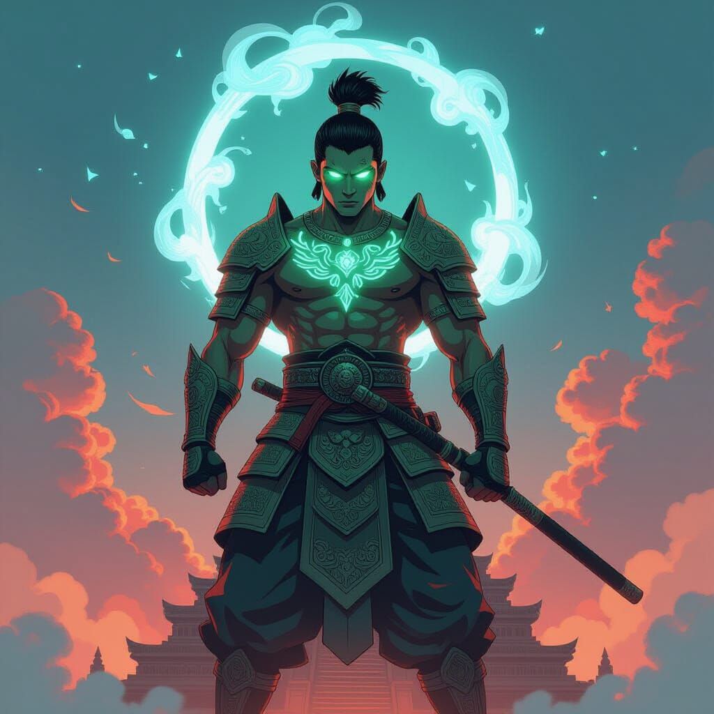 Muay Thai Warrior on Ziggurat in Anime Style