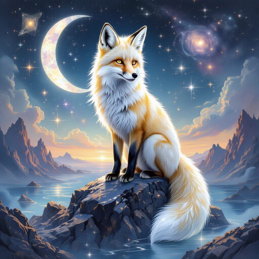 Cosmic Fox on Crystal Outcrop in Watercolor Style