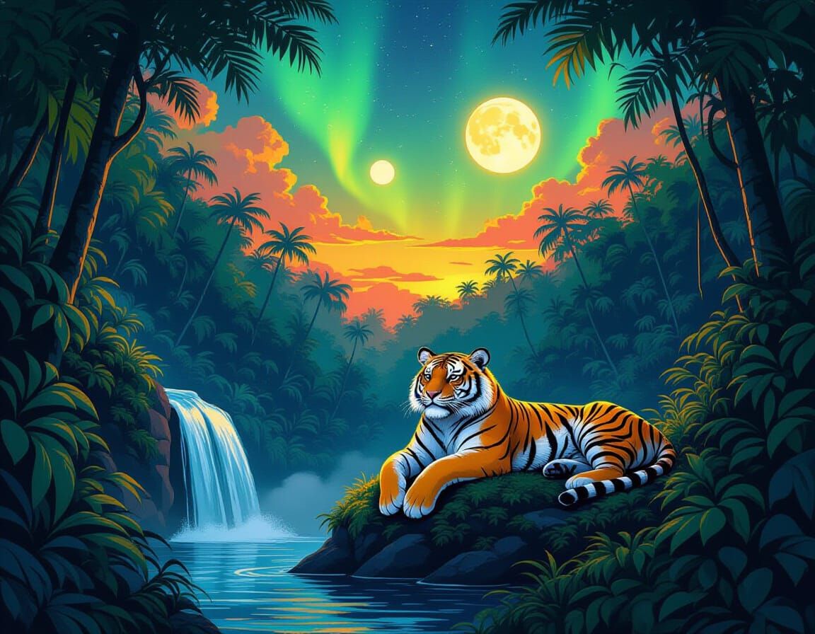 Tiger in Jungle with Two Suns, Dreamy Art Style