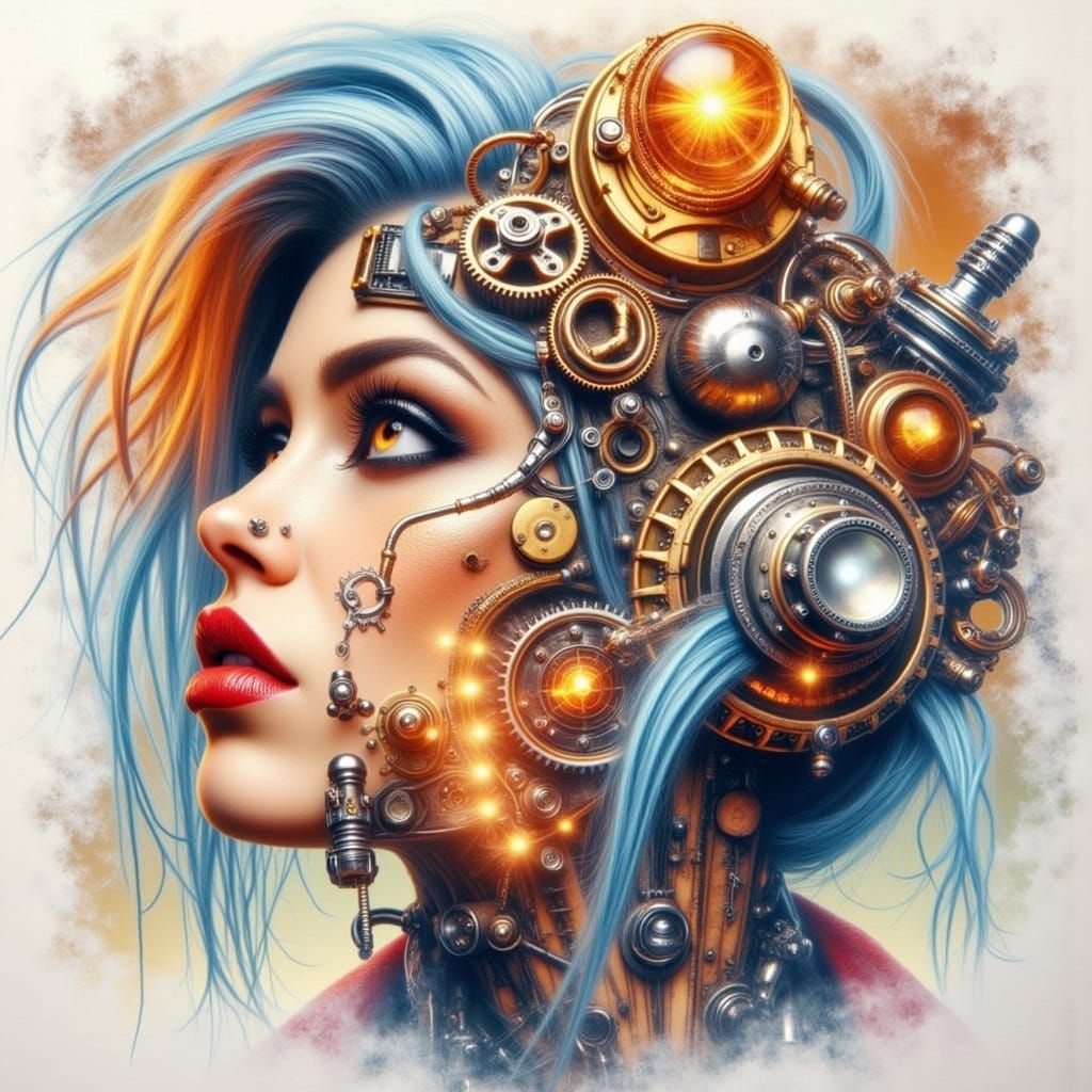 Steampunk Cyborg with Brass Gears in Retrofuturism Style