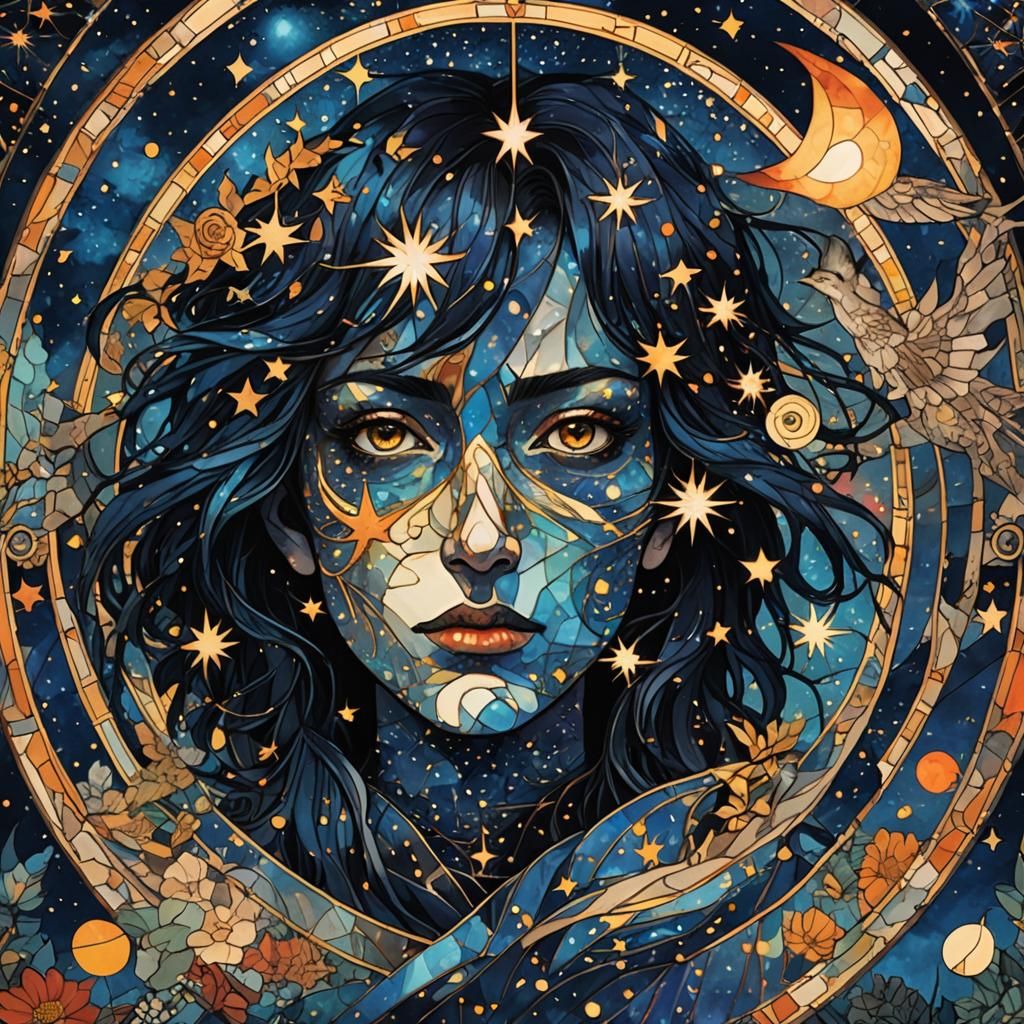 Starry Night Fantasy Illustration in Stained Glass Style