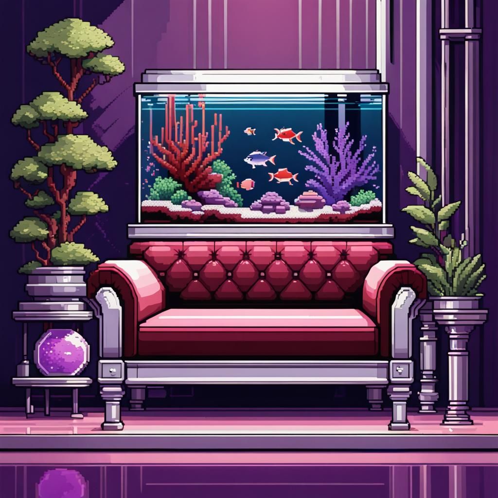 Luxurious Cozy Lounge with Aquarium in Pixel Art
