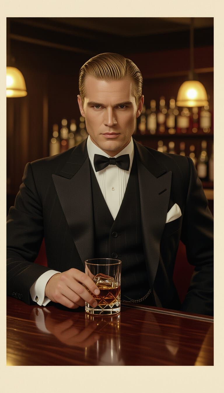 Man Drinks Whisky in 1920s Speakeasy, Cinematic Film Still