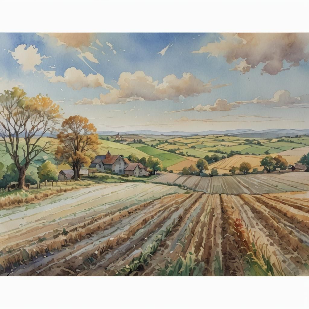 Watercolor Rural Landscape with Village, Comic Book Art