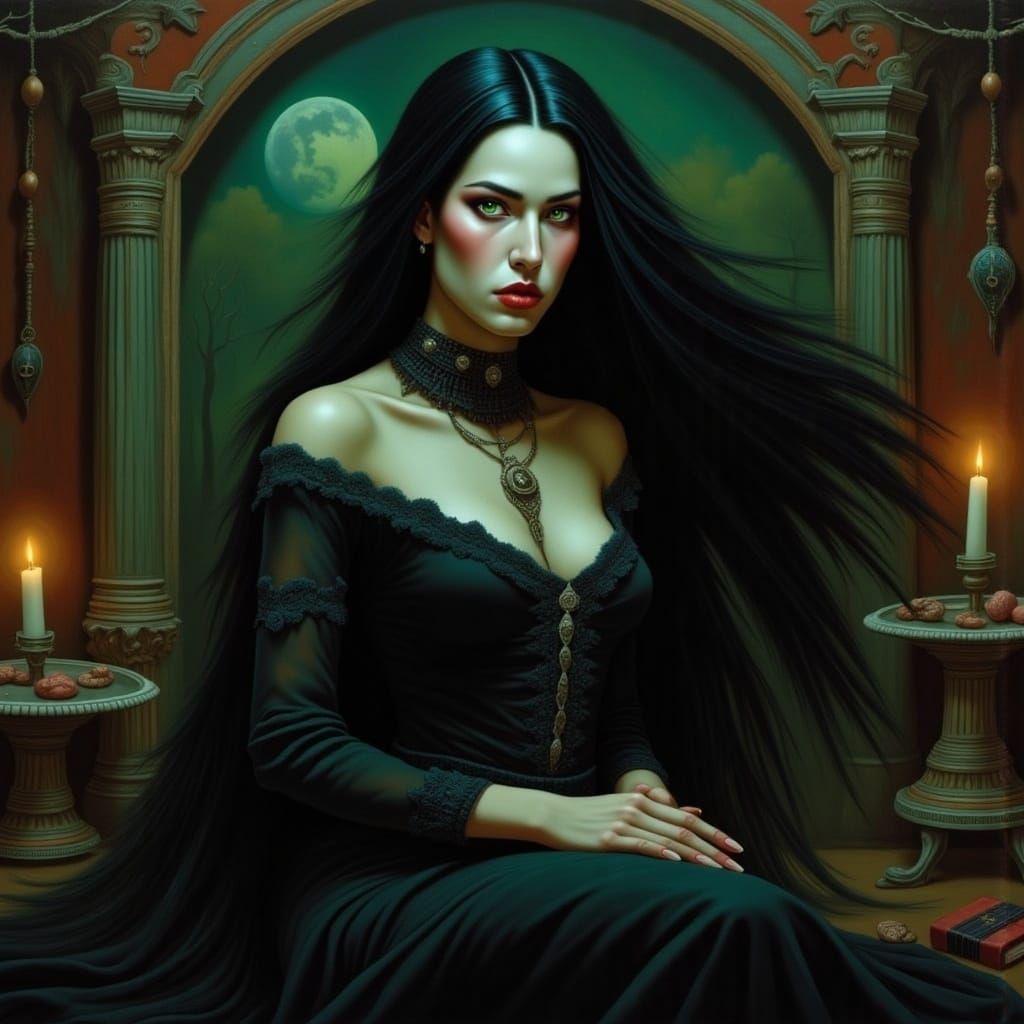 Goth Girl with Emerald Eyes in Dark Fantasy Style