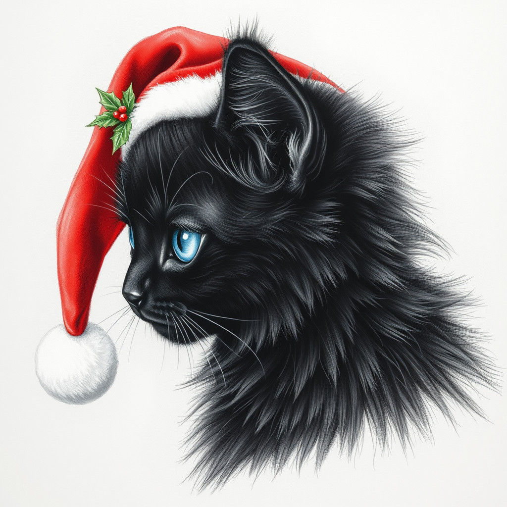 Charcoal Drawing of Black Cat in Santa Hat