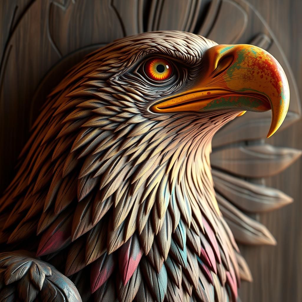 Detailed Wood Carving of an Eagle Portrait