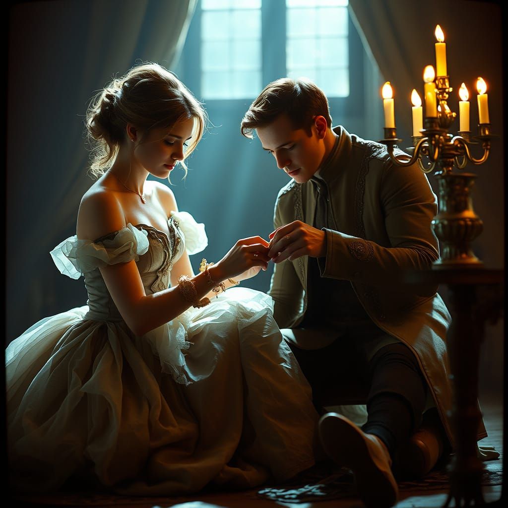 Cinderella's Glass Slipper Moment in Warm, Cinematic Light