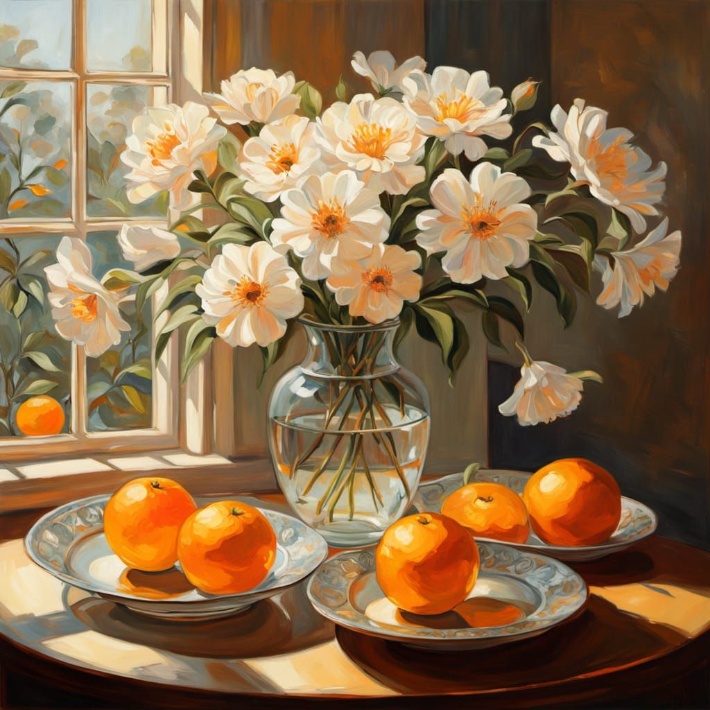 Art Nouveau Still Life: Flowers, Oranges, and Sunlight