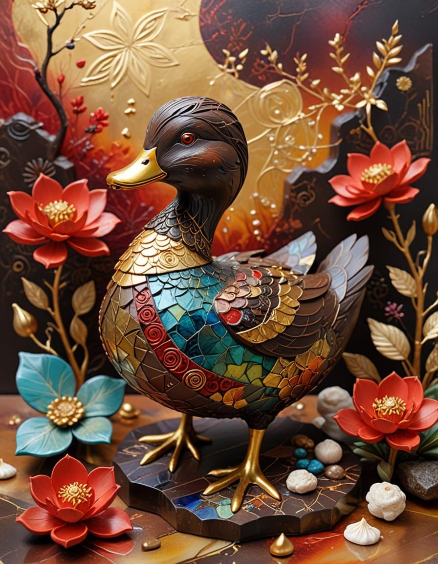 Chocolate Duck Sculpture in Surrealist Kintsugi Style