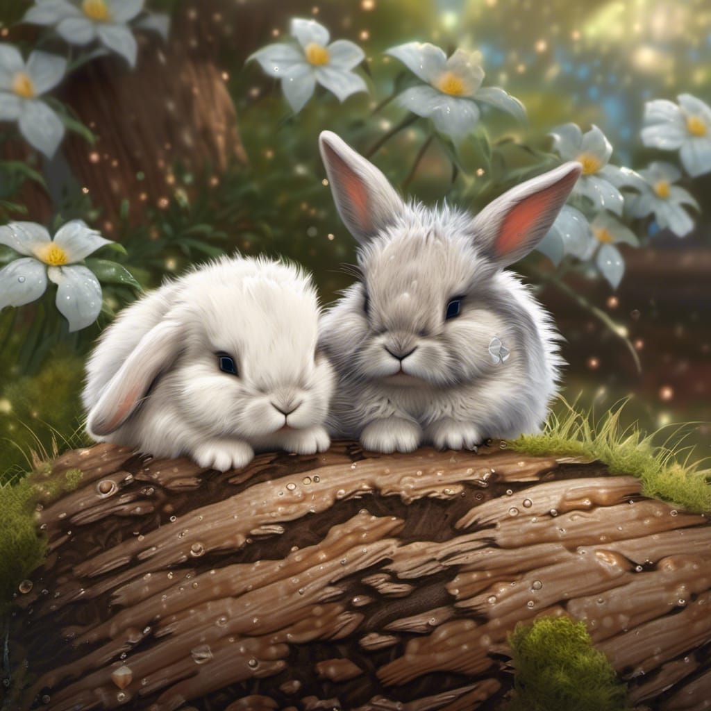 Sleeping Baby Bunnies on Snowy Stump: Detailed Matte Paintin...