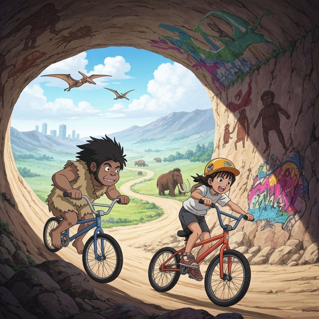 Neanderthal Child Races BMX Bike Through Fantastical Landsca...